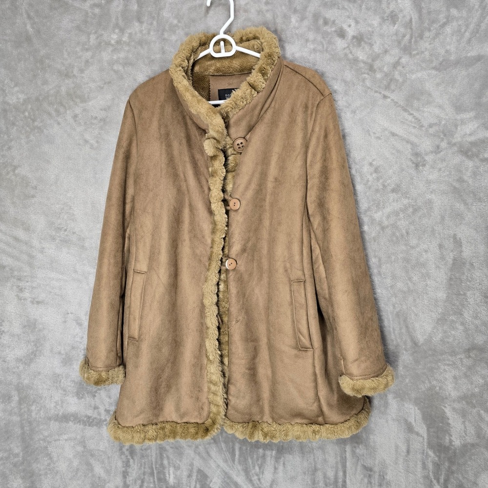 Donny Brook Women L Penny Lane Suede Coat Jacket Tan Mocha Mousse Faux Fur